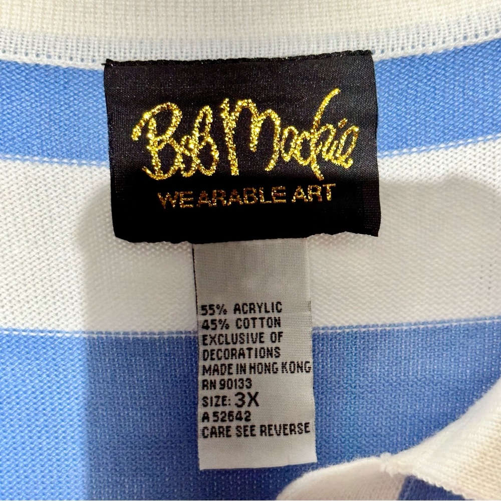 Bob Mackie Wearable Art Striped White and Blue 3 Button 3/4 Sleeve Sweater 3X - Picture 4 of 11
